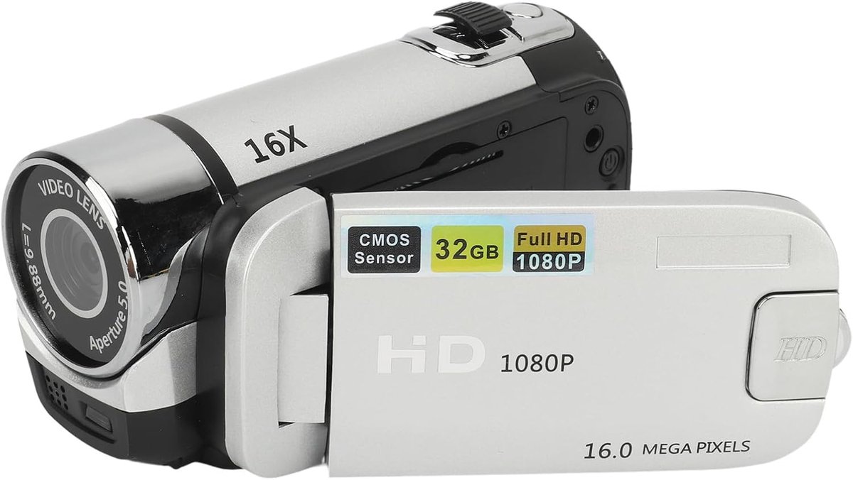 Camcorder, 1080P 16MP Digitale Camerarecorder, 2,4 Inch Draaibaar Scherm 16X Digitale Zoom Camcordercamera met Invullicht (SILVER)