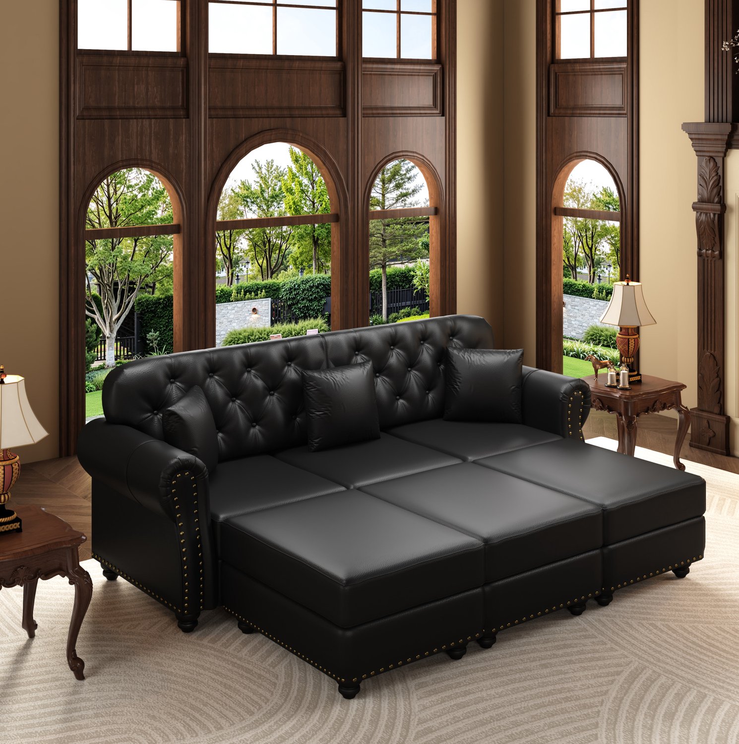 MIVRAY Chesterfield Bank 210 x 76 x 86 cm - 3 Zitplaatsen met 3 Voetenbanken en Knoopafwerking - Voor Woonkamer - Kunstleer - Zwart