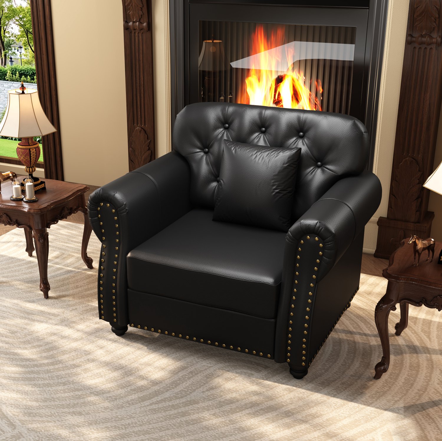 MIVRAY Chesterfield Fauteuil 105 x 76 x 86 cm - Gecapitonneerde Rugleuning en Rolarmleuningen - Voor Woonkamer - Kunstleer - Zwart