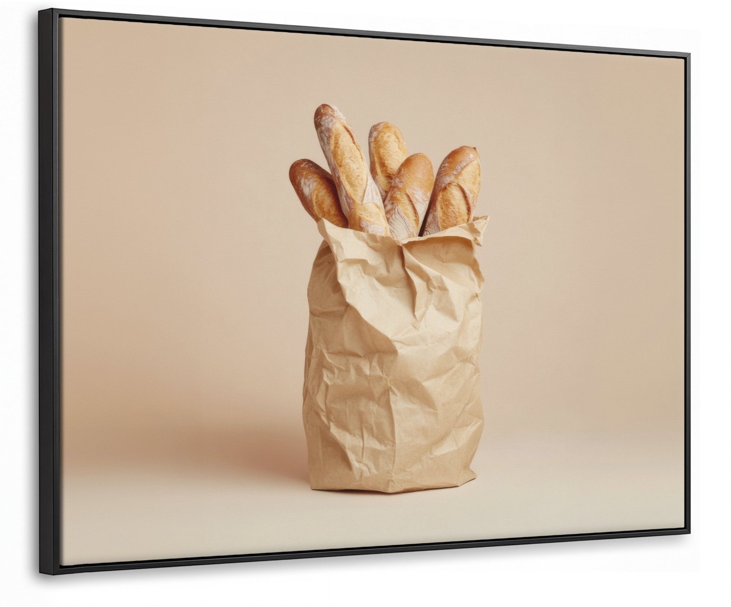 Canvas Schilderij met Baklijst 100x70cm - Baguette - Brood - Stokbrood - Beige - Muurdecoratie woonkamer - Slaapkamer decoratie - Kamer accessoires - Schilderijen op canvas met lijst