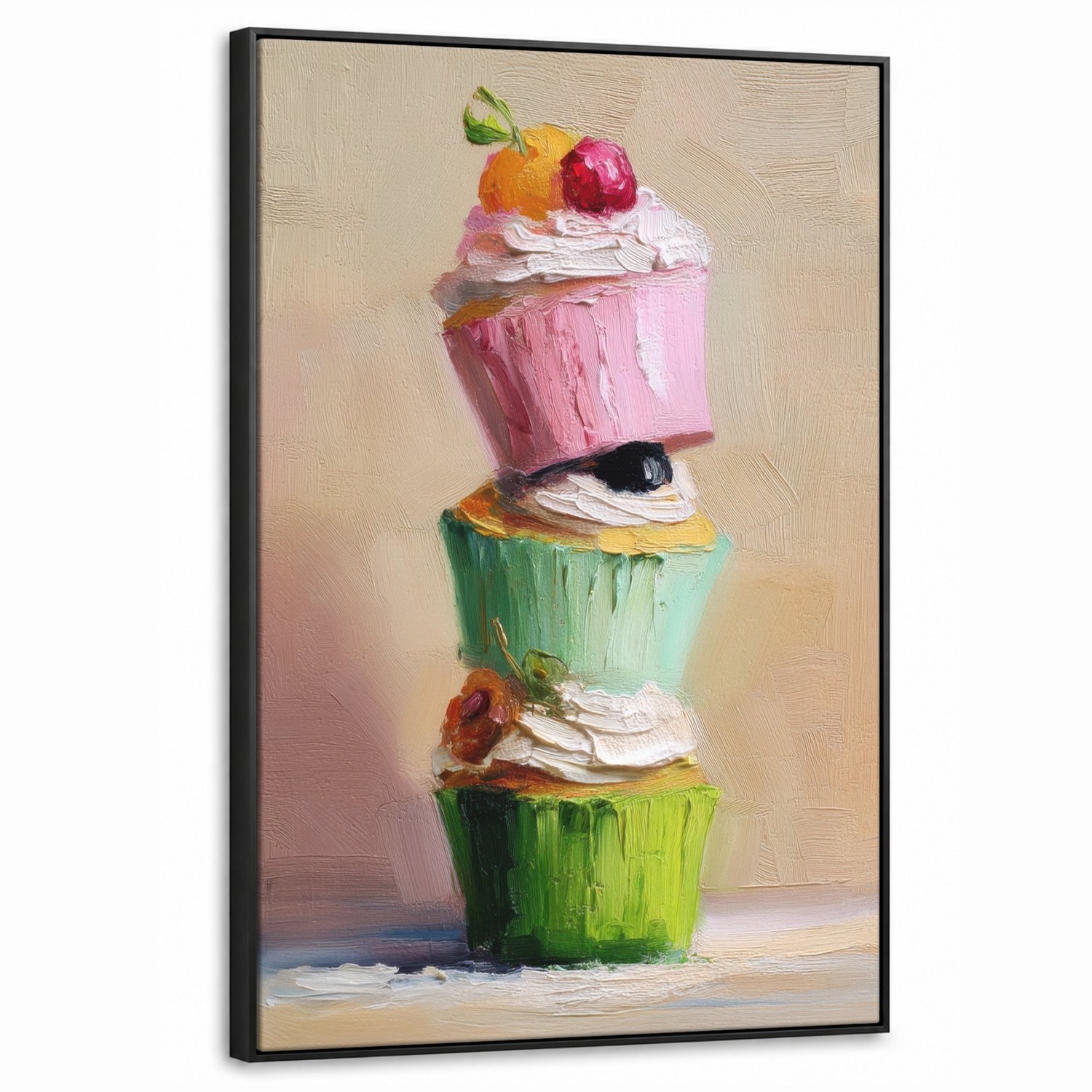 Canvas Schilderij met Baklijst 60x90cm - Cupcakes - Gestapeld - Kleurrijk - Fruit - Muurdecoratie woonkamer - Slaapkamer decoratie - Kamer accessoires - Schilderijen op canvas met lijst
