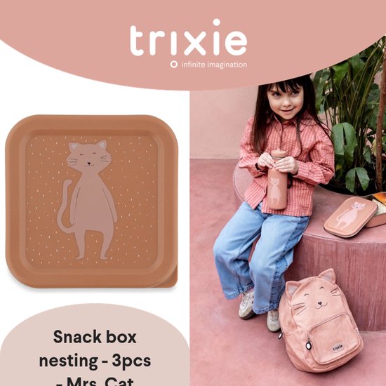 Bruin snackdoosje met Mrs. Cat print. Set van 3 stuks, getoond met bijpassende drinkfles en rugzak.