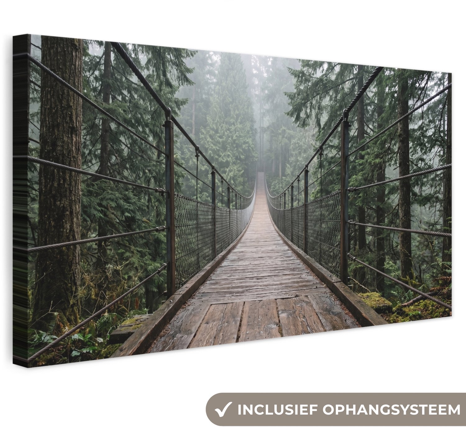 Canvas schilderij 40x20 cm - Exclusieve wanddecoratie Brug - Bos - Mist - Natuur - Muurdecoratie woonkamer - Slaapkamer decoratie - Kamer accessoires - Schilderijen op canvas