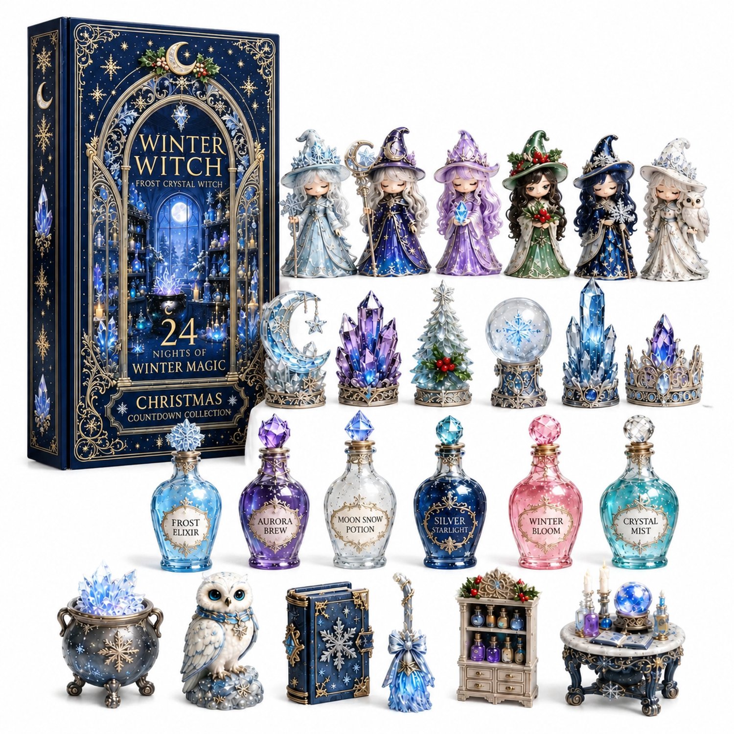 Adventskalender 2026 met winterheksenthema - 24 dagen - Decoratieve miniaturen - Verpakking 26 x 18 x 3 cm