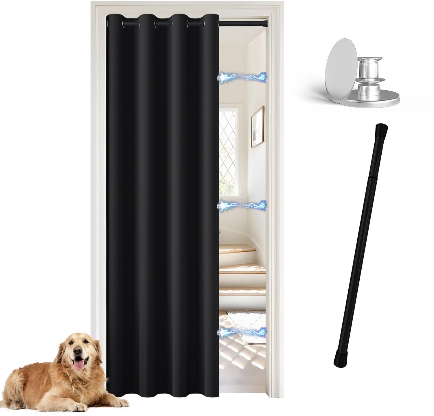 Famanu Ondoorzichtig deurgordijn met telescoopstang, 132x195 cm, eenvoudig te monteren zonder boren, geschikt voor verschillende toepassingen en biedt bescherming tegen hitte, licht en geluid Zwart