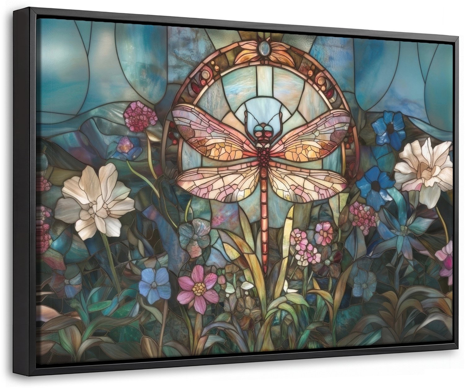 Canvas Schilderij met Baklijst 30x20cm - Libelle - Mozaïek - Bloemen - Kleurrijk - Muurdecoratie woonkamer - Slaapkamer decoratie - Kamer accessoires - Schilderijen op canvas met lijst