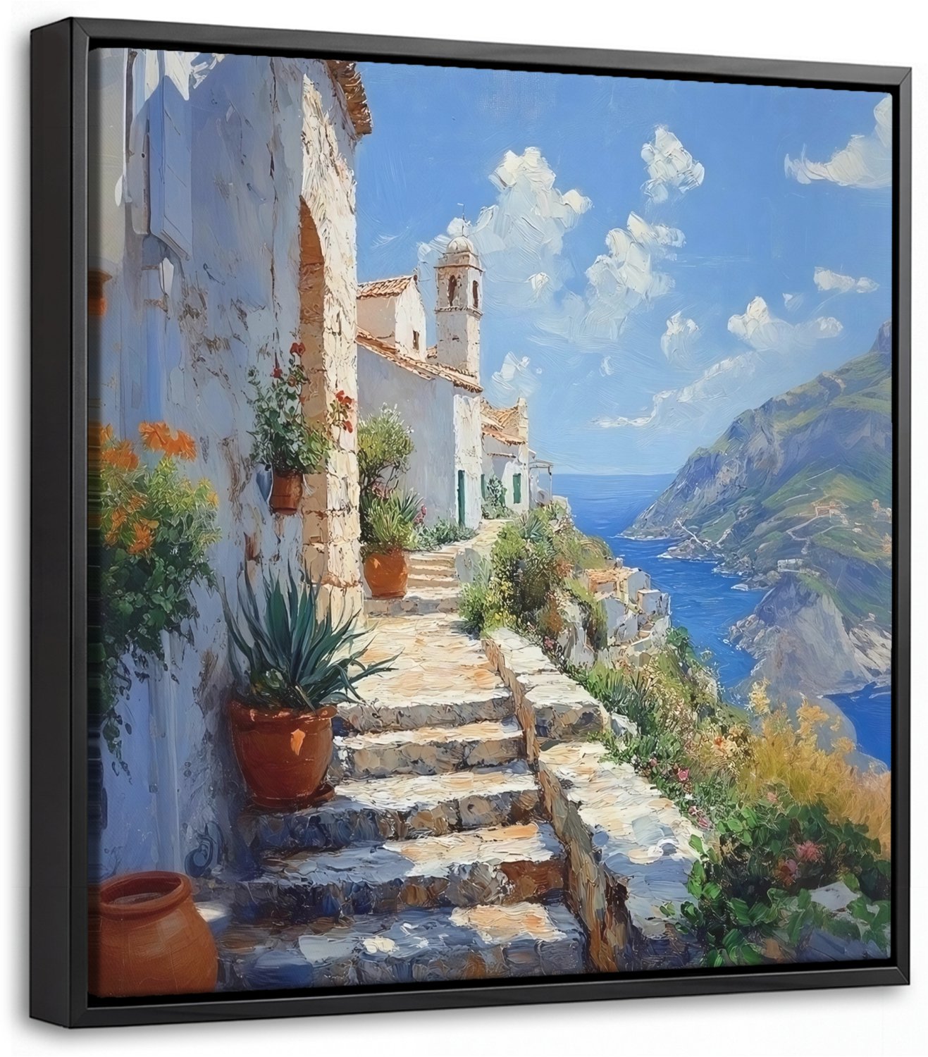 Canvas Schilderij met Baklijst 20x20cm - Trap - Huizen - Berglandschap - Zee - Muurdecoratie woonkamer - Slaapkamer decoratie - Kamer accessoires - Schilderijen op canvas met lijst