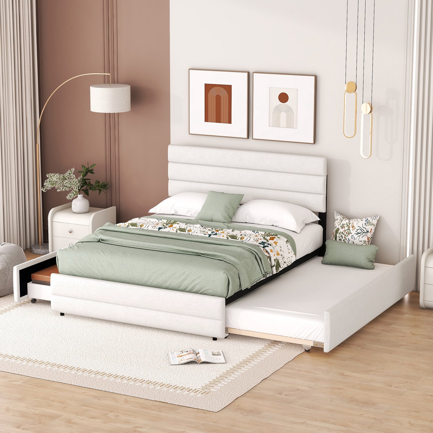 Zubaliya Bedframe - 140 x 200 cm - Beige - linnen - Lades