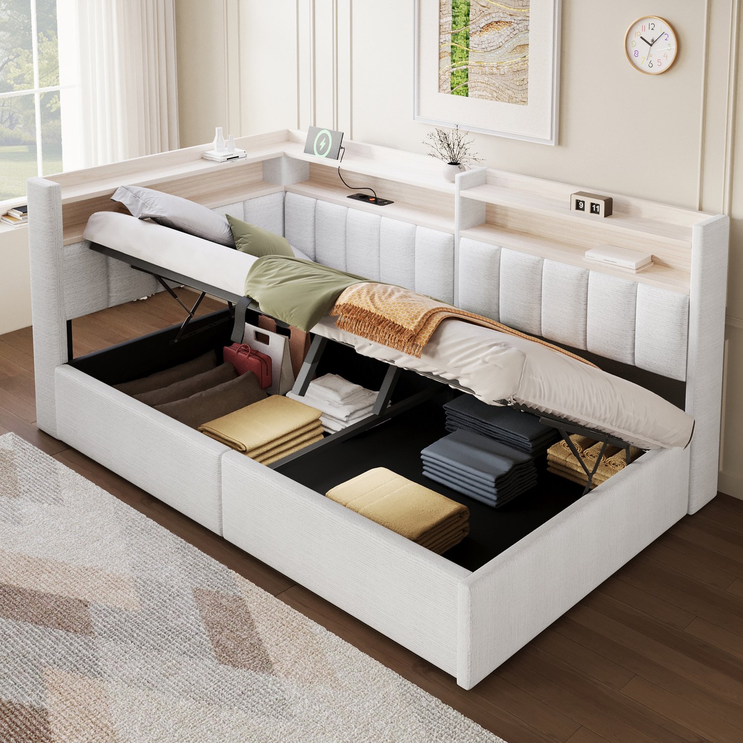 Zubaliya Bedframe - 90 x 200 cm - Gebroken wit - MDF, fluweel - Hydraulische opbergruimte - LED-verlichting - USB-aansluiting