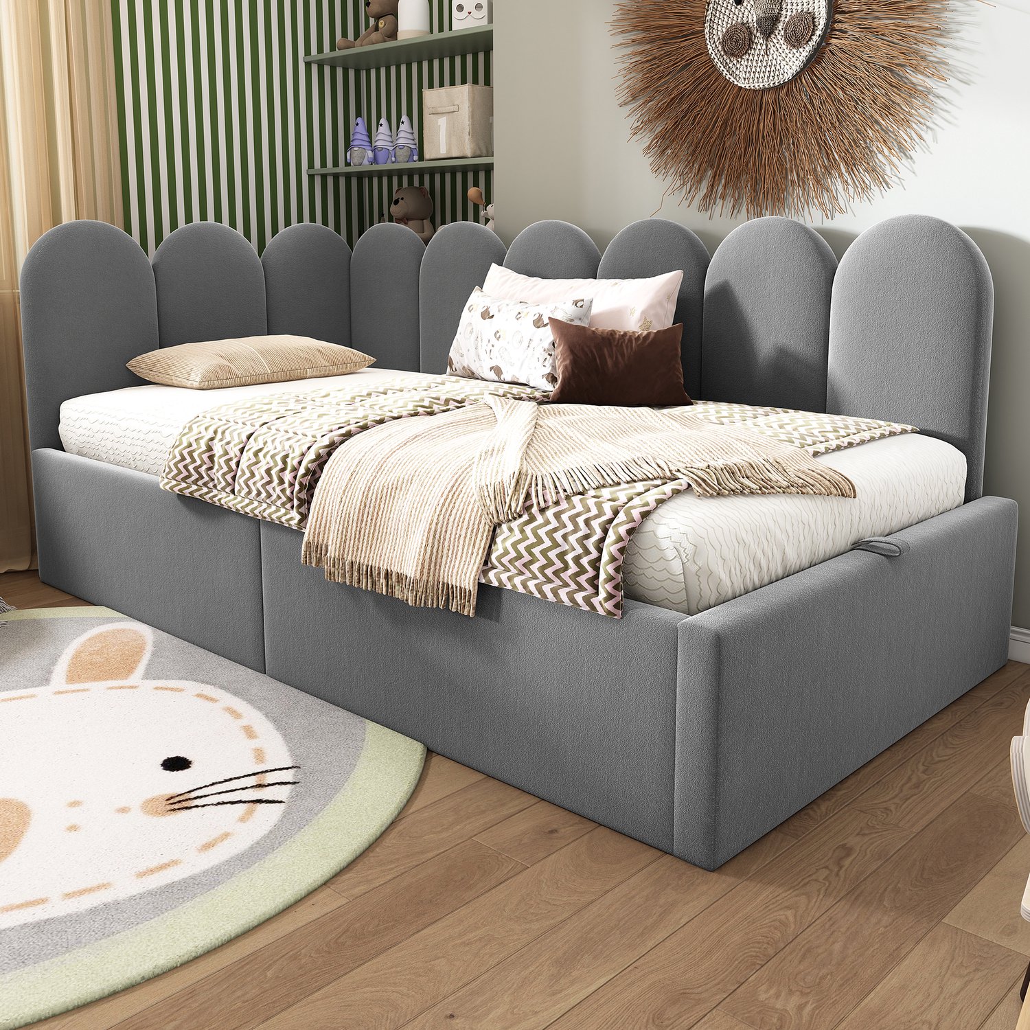 MUVANO Grijze fluwelen bedbank 90x200 - Eenpersoonsbed met opbergruimte - Hydraulische metalen bedbodem - L-vormig frame - Kinderkamer en logeerkamer Grijs