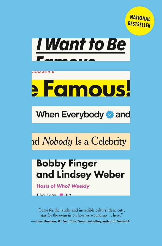 Boekomslag 'I Want to Be Famous' op blauwe achtergrond met gele 'National Bestseller' sticker.
