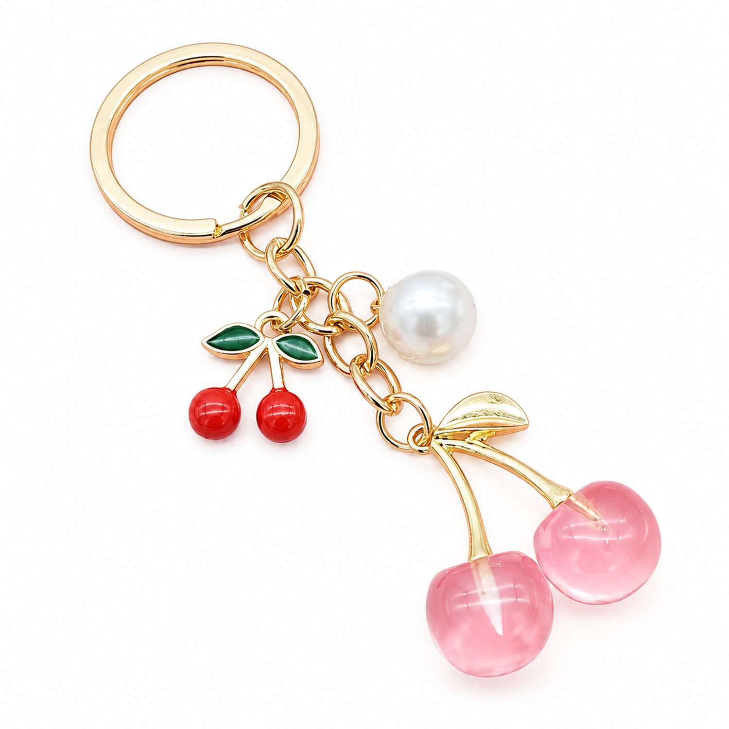Sleutelhanger met roze kersen, ronde sleutelring en ketting, met rode kersen en witte kraal, ook als tashanger