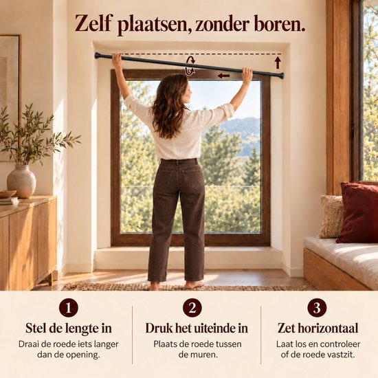 Persoon installeert een zwarte gordijnroede zonder boren. Tekst: Zelf plaatsen, zonder boren.