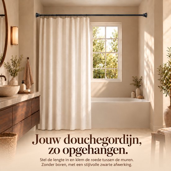 Douchegordijn opgehangen met een zwarte roede. Tekst: Jouw douchegordijn, zo opgehangen. Zonder boren.