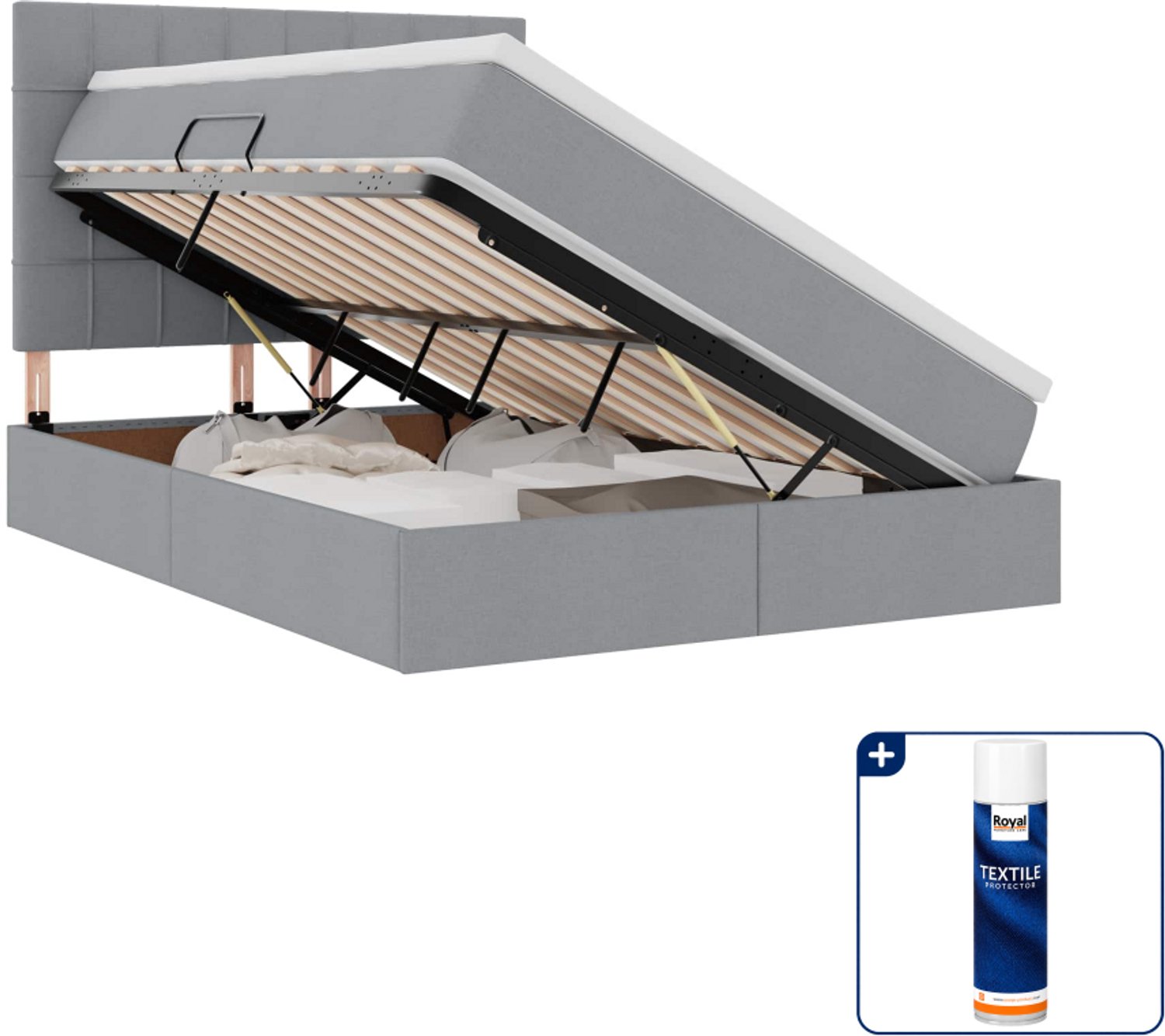vidaXL opbergbed met matras - Small double - 140 x 200 cm - lichtgrijs - Inclusief textielbeschermer 500 ml