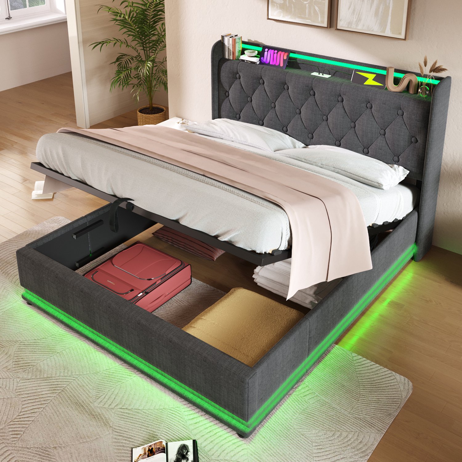 Maisentiel Tweepersoonsbed 140 x 190 cm met opbergruimte, ledverlichting en USB - grijs