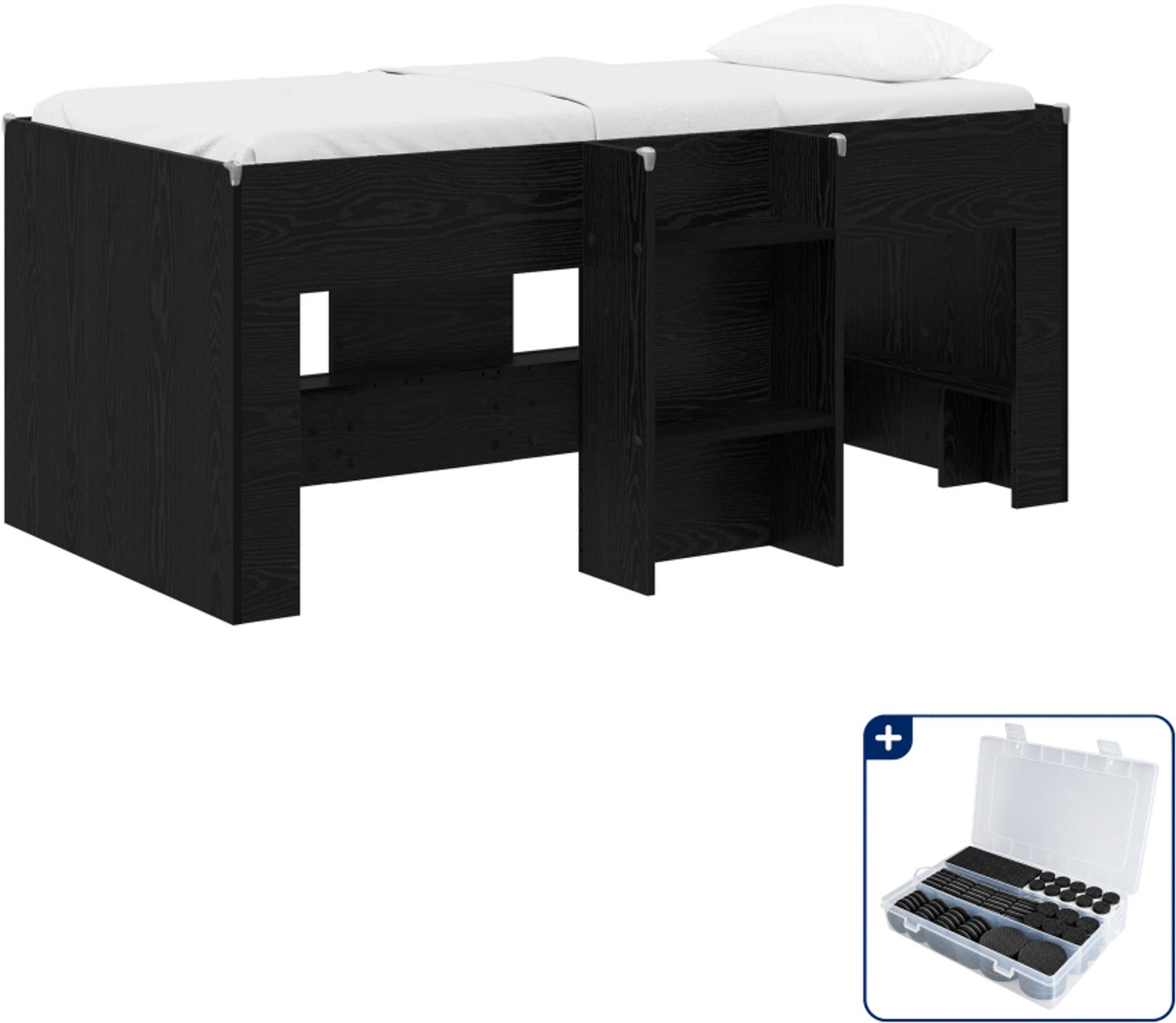 vidaXL kinder hoogslaper - 80 x 160 cm - bewerkt hout - zwart eiken - Inclusief antikrasvilt 177-delig
