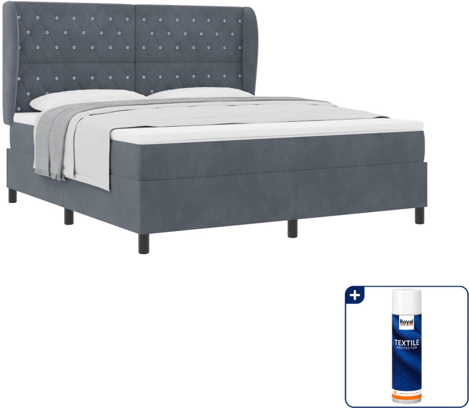 vidaXL Kingsize boxspringbed - 180 x 200 cm - fluweel - donkergrijs - Inclusief textielbeschermer 500 ml