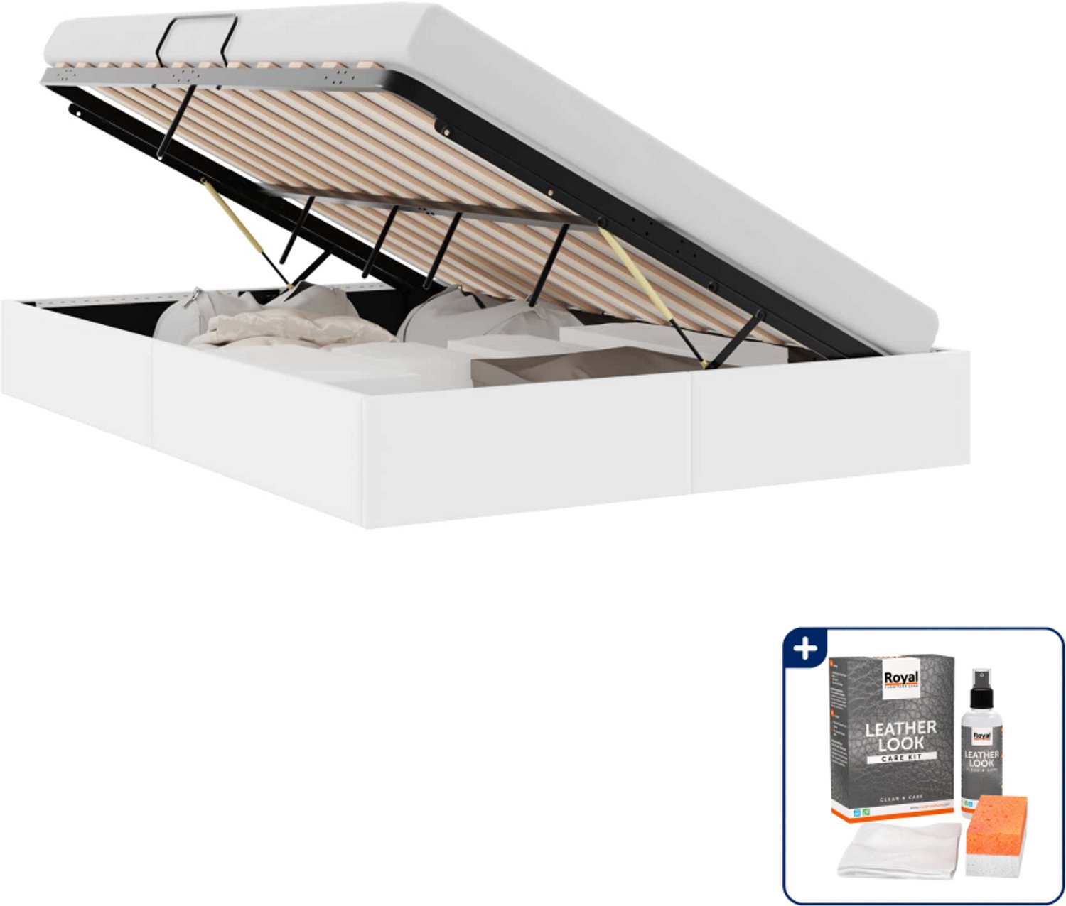 vidaXL opbergbed - 153 x 203 cm - kunstleer - wit - Inclusief onderhoudsset voor kunstleer 150 ml Zwart