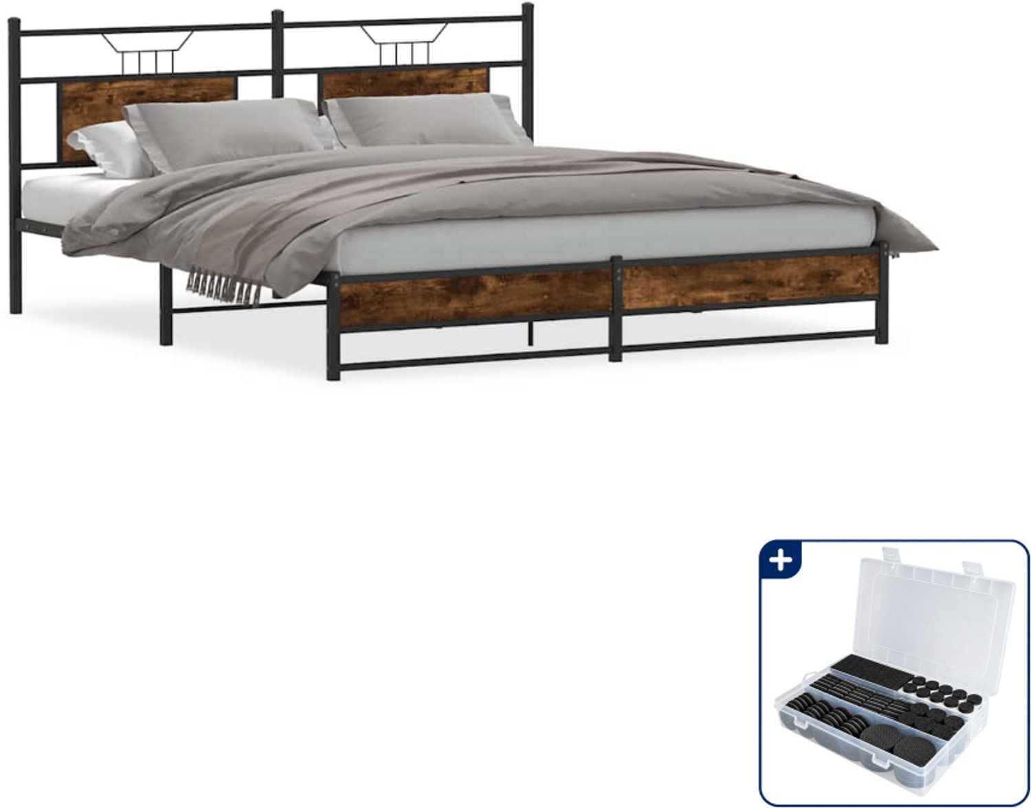 vidaXL Kingsize bedframe - 180 x 200 cm - staal en bewerkt hout - Inclusief antikrasvilt 177-delig Bruin