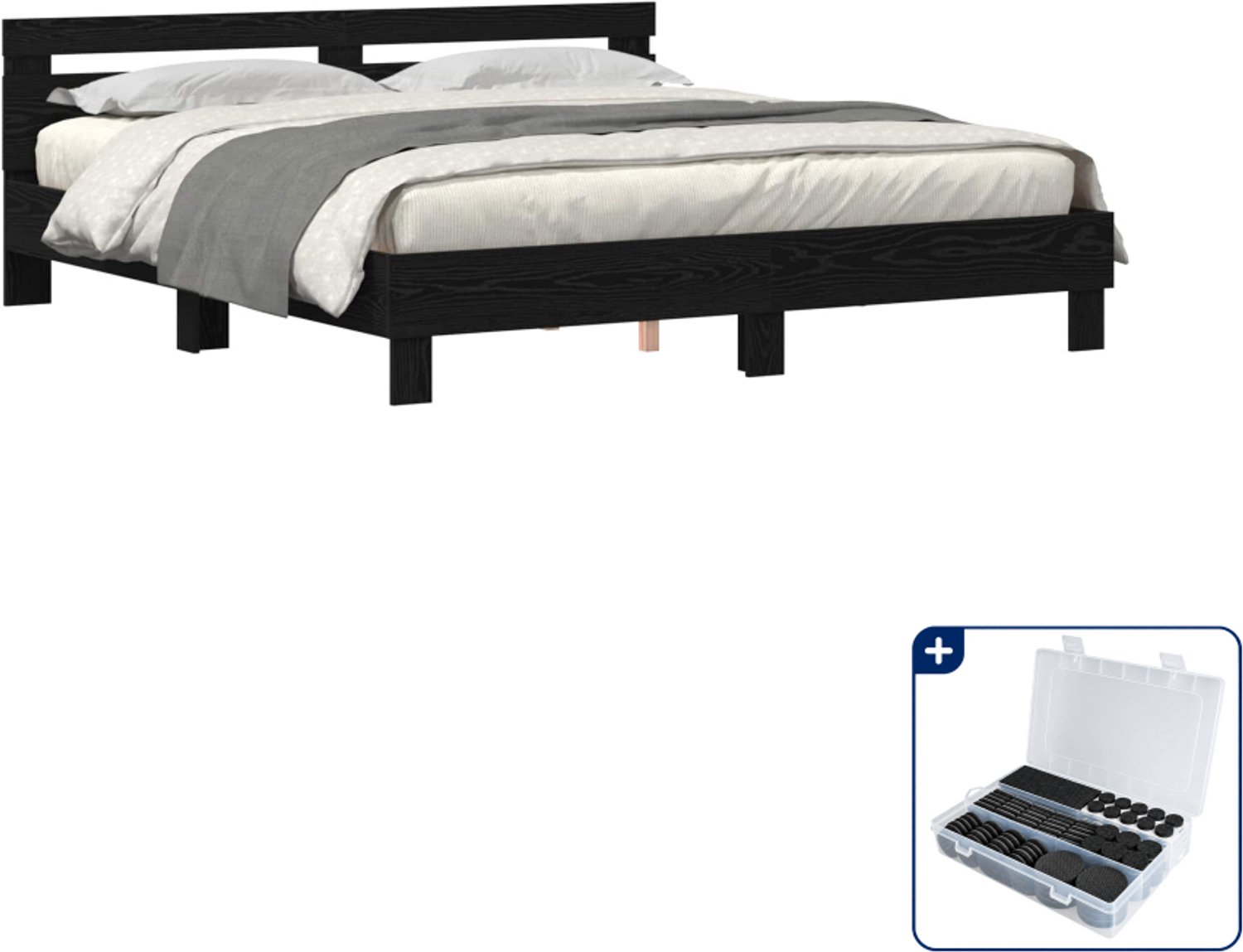 vidaXL Bedframe - Kingsize - 180 x 200 cm - bewerkt hout - zwart eiken - Inclusief antikrasvilt 177-delig Bruin