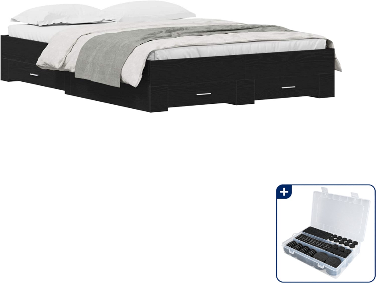 vidaXL bedframe 135 x 190 cm - bewerkt hout - zwart eiken - Inclusief antikrasvilt 177-delig Lichtgrijs