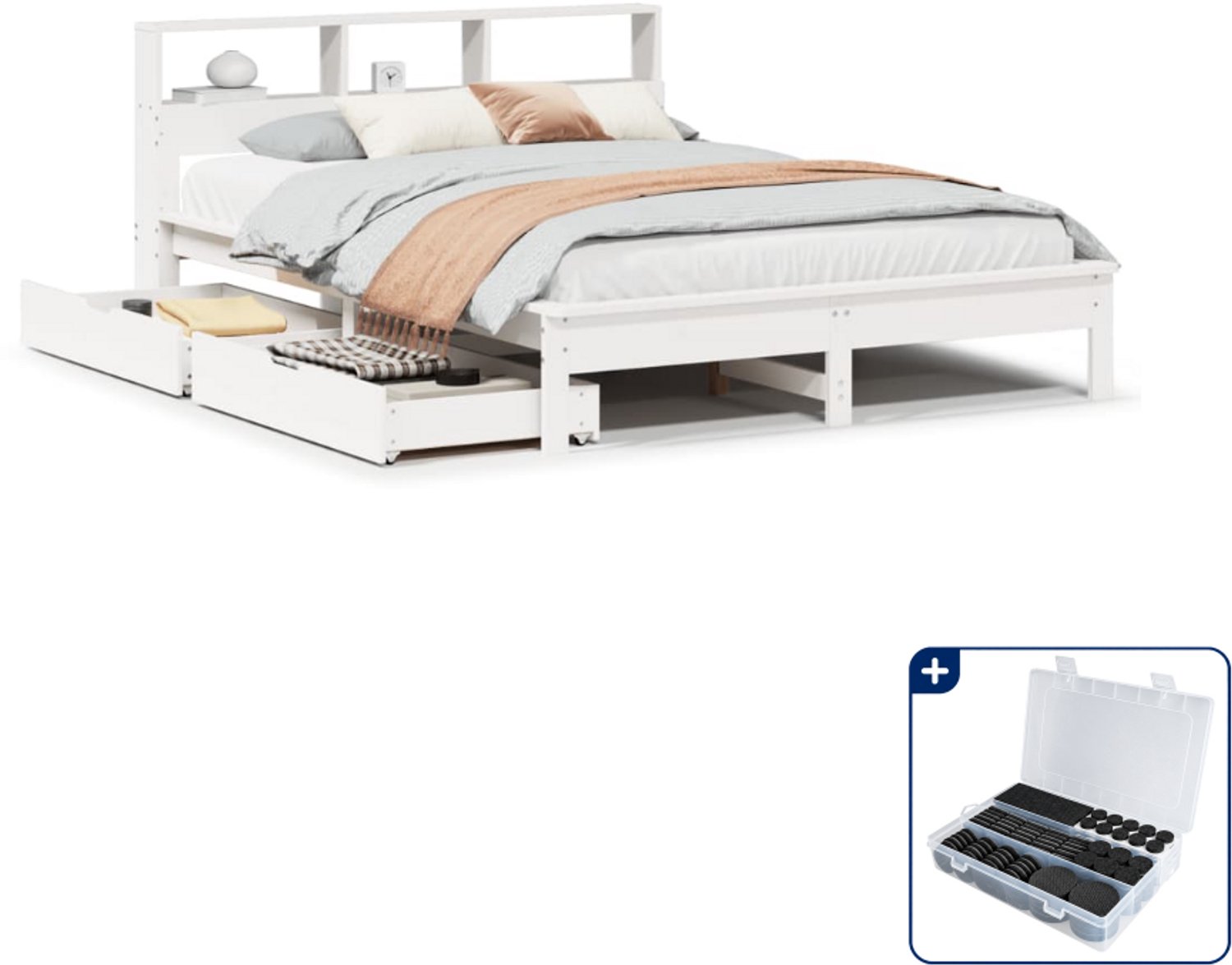 vidaXL bed met boekenkast - Small double 140 x 200 cm - wit - Inclusief antikrasvilt 177-delig Bruin