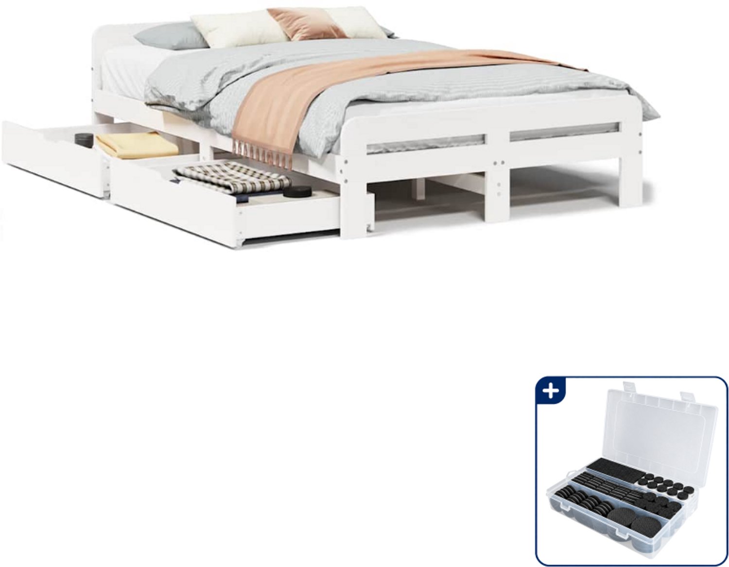 vidaXL bedframe met 2 lades - 135 x 190 cm - massief grenenhout - wit - Inclusief antikrasvilt 177-delig
