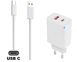 OneOne 45W super snellader met 2 poorten + 0,2m sterke USB C kabel. PD lader. Oplader adapter past op Universeel Microsoft, LG, Lenovo, HTC, Honor, Samsung Galaxy, Huawei, Motorola Moto, Xiaomi, Kobo (Rakuten), Astell&Kern, Bose, Bryton, Mio