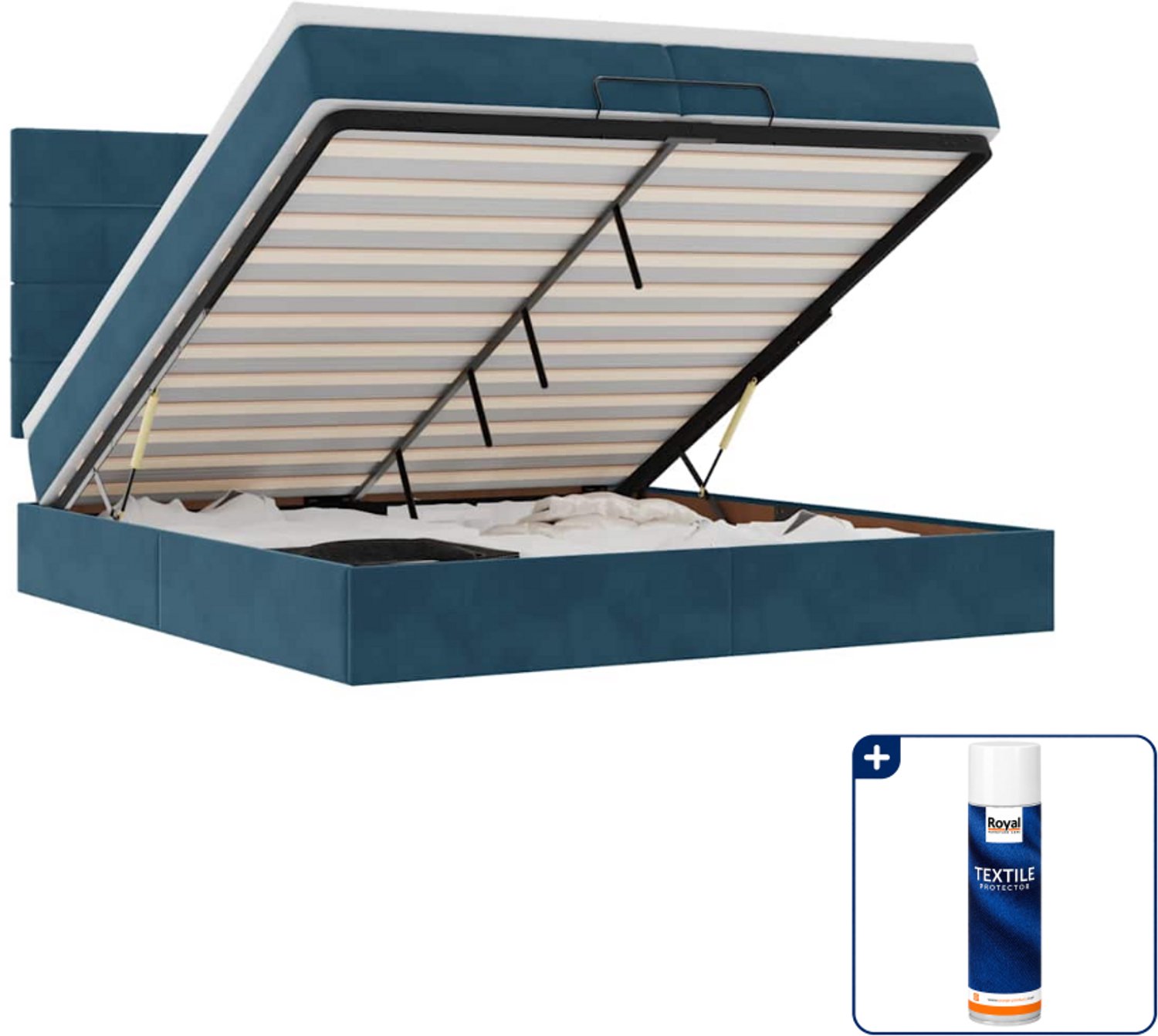 vidaXL bed poef met matrassen en led - 200 x 200 cm - fluweel - donkerblauw - Inclusief textielbeschermer 500 ml
