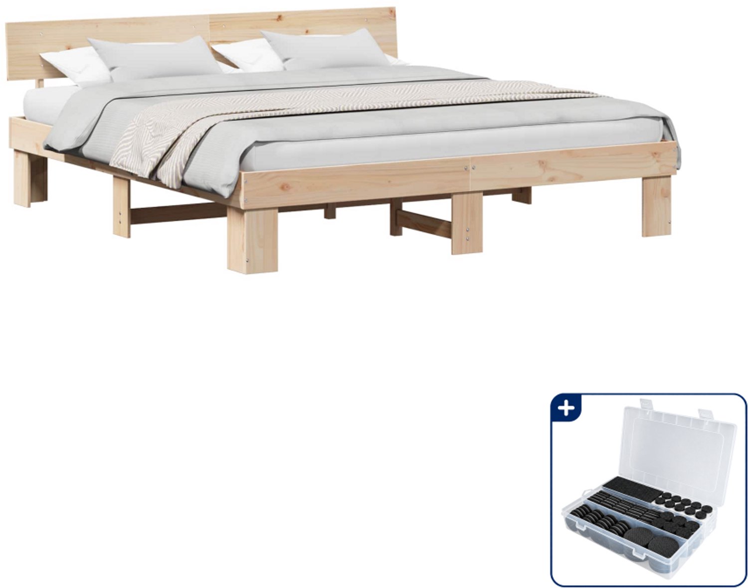 vidaXL bedframe met hoofdeinde - 200 x 200 cm - massief grenen - bruin - Inclusief antikrasvilt 177-delig Turquoise