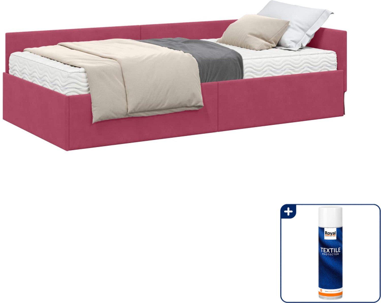vidaXL hoekbedframe met matras - 80 x 200 cm - fluweel - wijnrood - Inclusief textielbeschermer 500 ml Wit