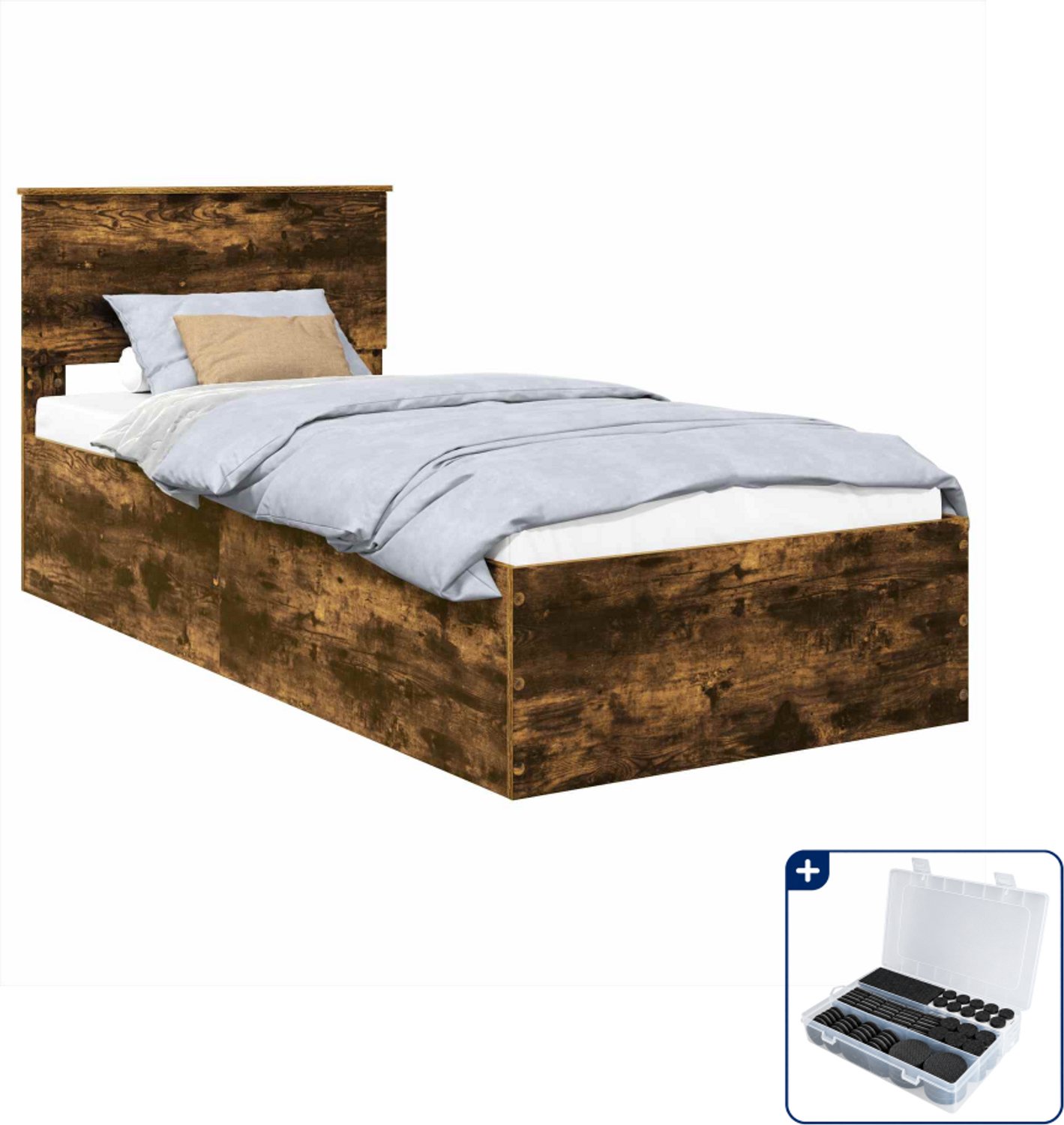 vidaXL bedframe met hoofdeinde - 75 x 190 cm - bewerkt hout - gerookt eiken - Inclusief antikrasvilt 177-delig Bruin