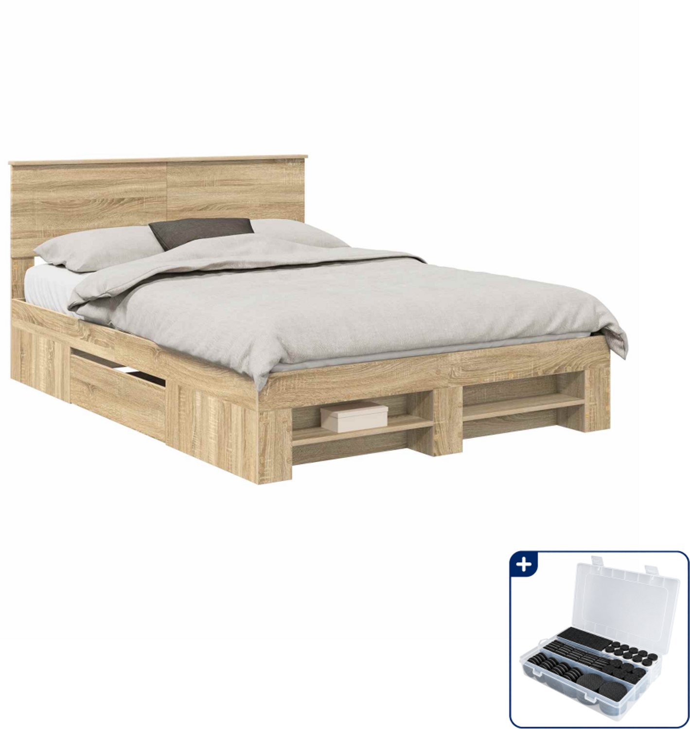 vidaXL Bedframe met hoofdeinde - Small double - 140 x 200 cm - Sonoma eiken - Inclusief antikrasvilt 177-delig Wit