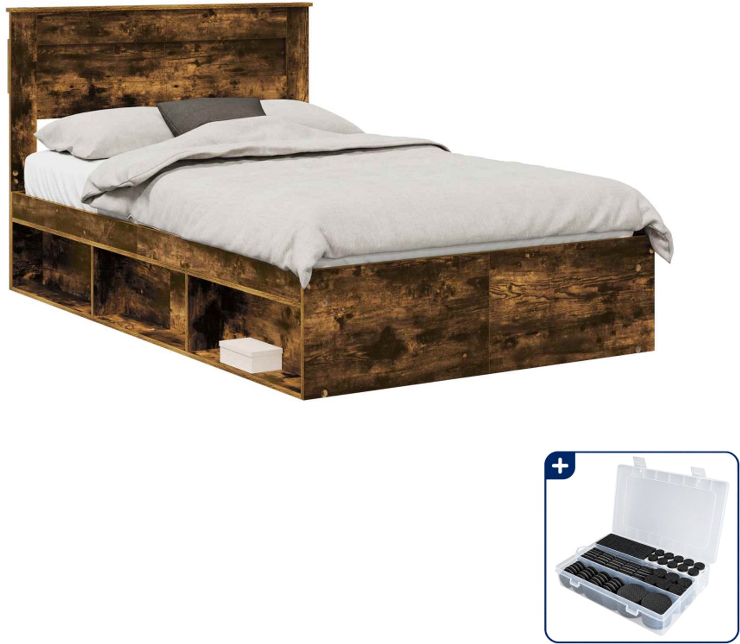 vidaXL bedframe - 120 x 200 cm - bewerkt hout - gerookt eiken - Inclusief antikrasvilt 177-delig Grijs