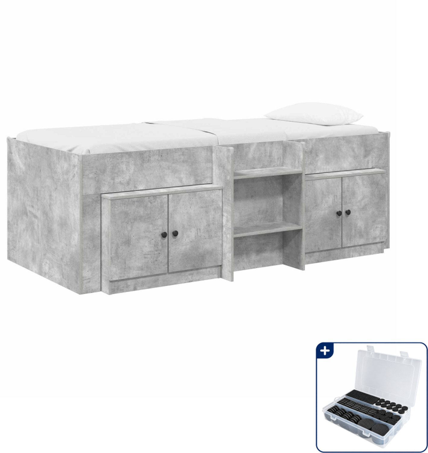 vidaXL hoogslaper met kast - 75 x 190 cm - bewerkt hout - betongrijs - Inclusief antikrasvilt 177-delig