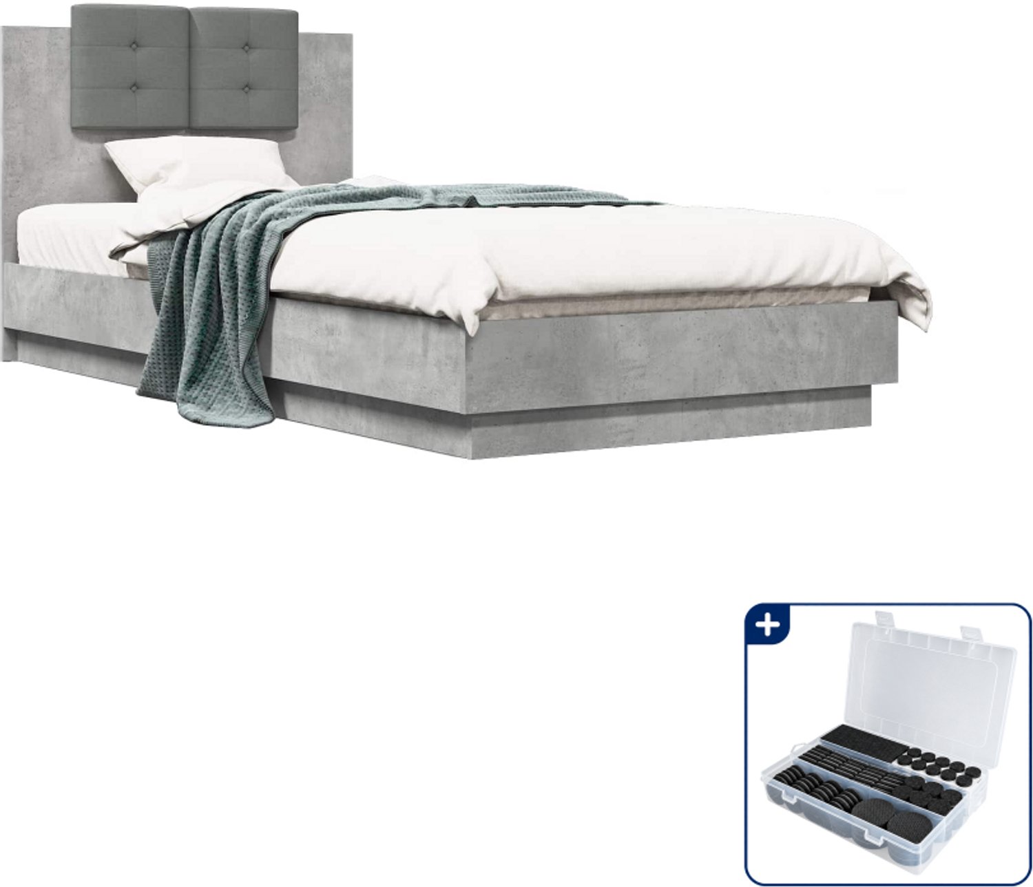 vidaXL bedframe met hoofdeinde - 80 x 200 cm - bewerkt hout - betongrijs - Inclusief antikrasvilt 177-delig
