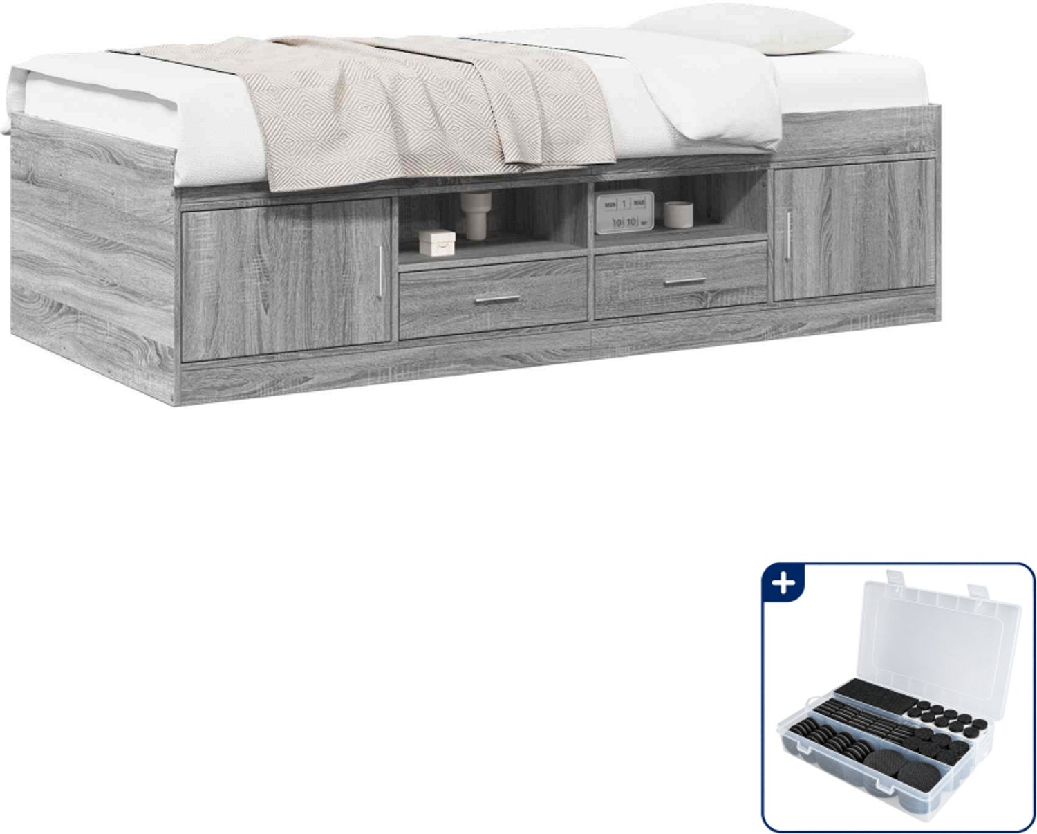 vidaXL bedframe met opslag - 80 x 200 cm - bewerkt hout - grijs sonoma - Inclusief antikrasvilt 177-delig