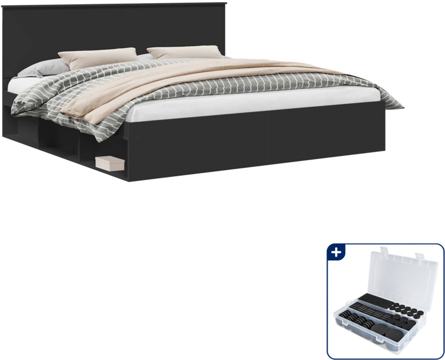 vidaXL bedframe - 200 x 200 cm - bewerkt hout - zwart - Inclusief antikrasvilt 177-delig Wit