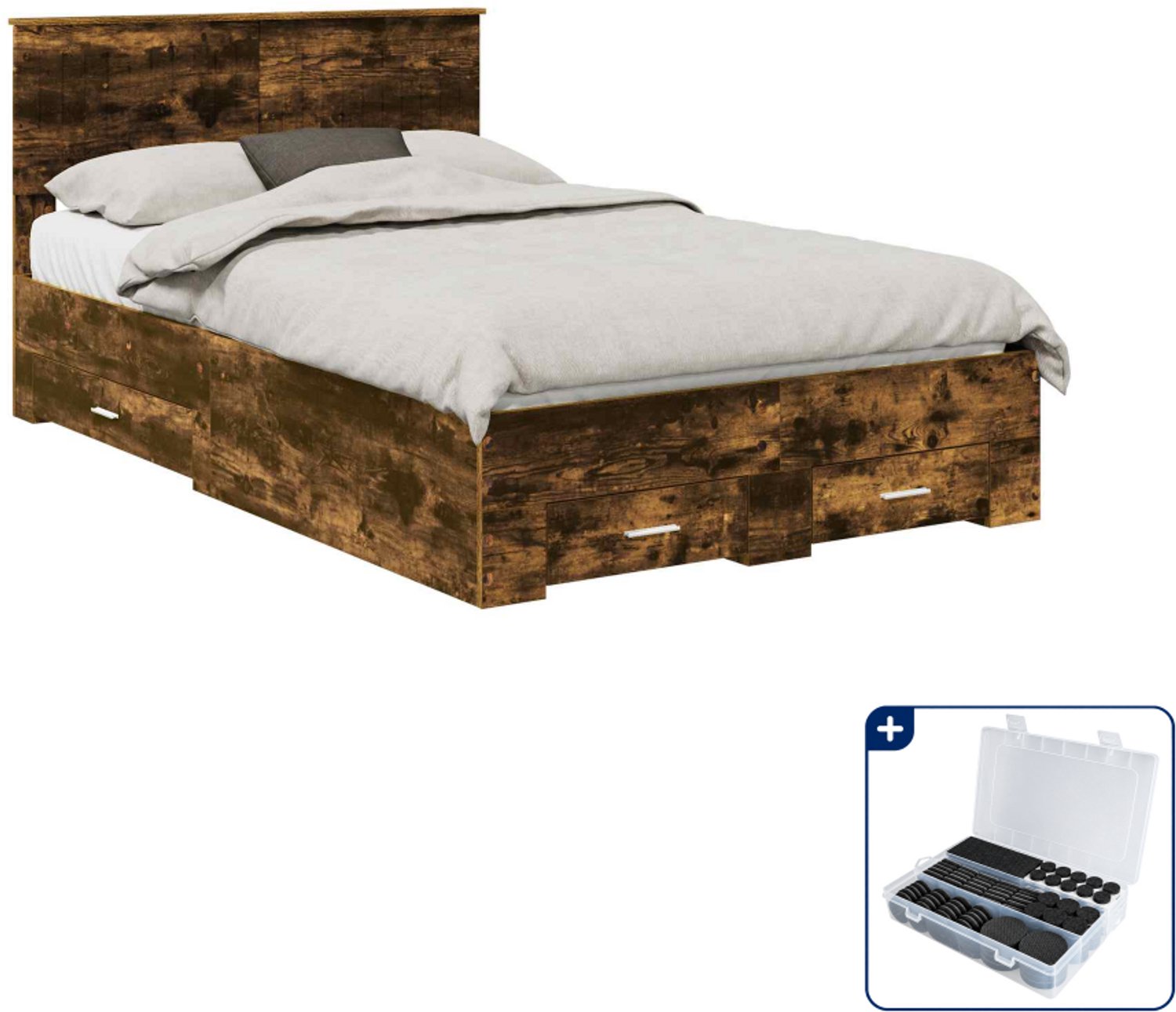 vidaXL bedframe - 120 x 190 cm - bewerkt hout - gerookt eiken - Inclusief antikrasvilt 177-delig Grijs