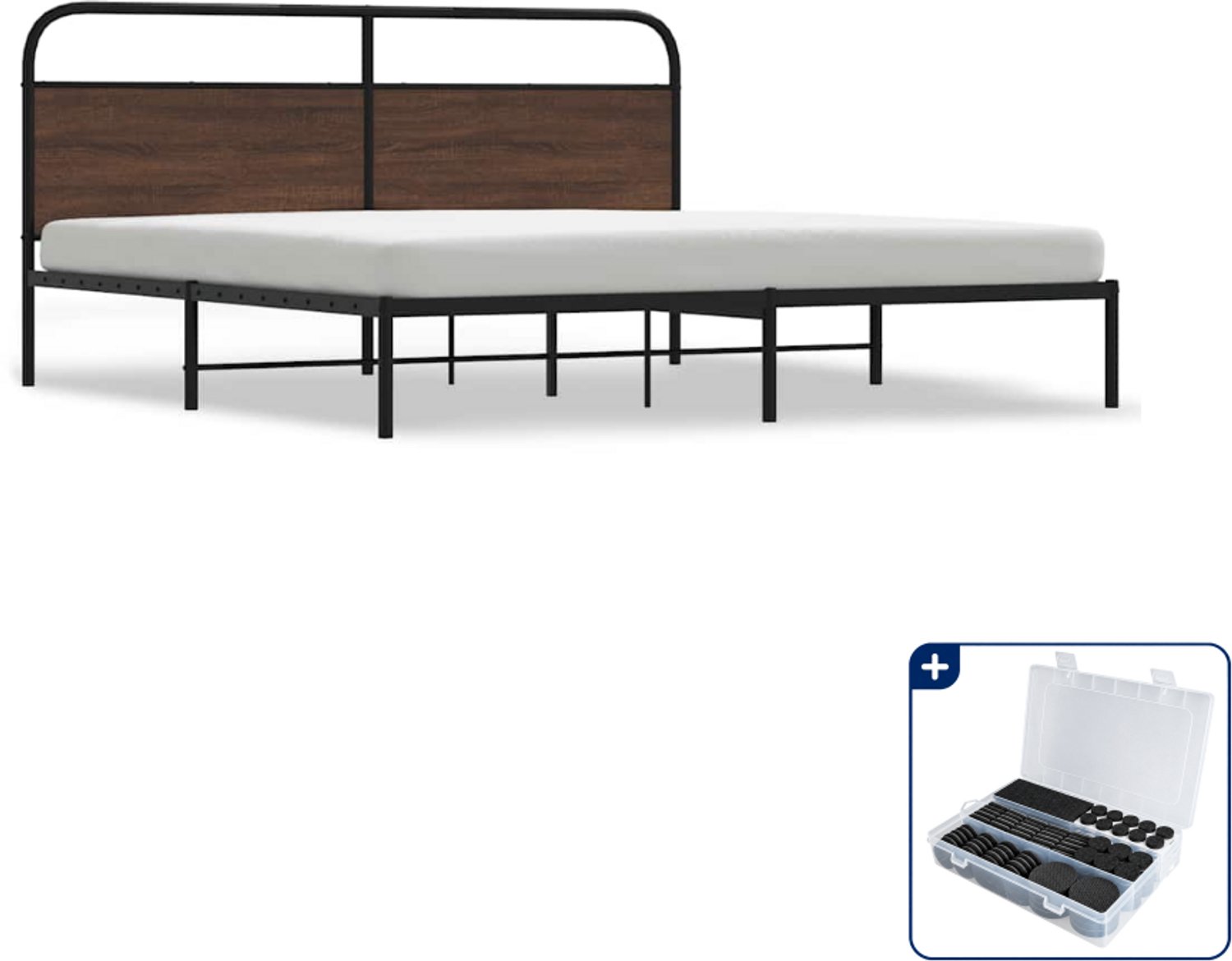 vidaXL bedframe - 183 x 213 cm - metaal en bewerkt hout - bruineiken - Inclusief antikrasvilt 177-delig Grijs