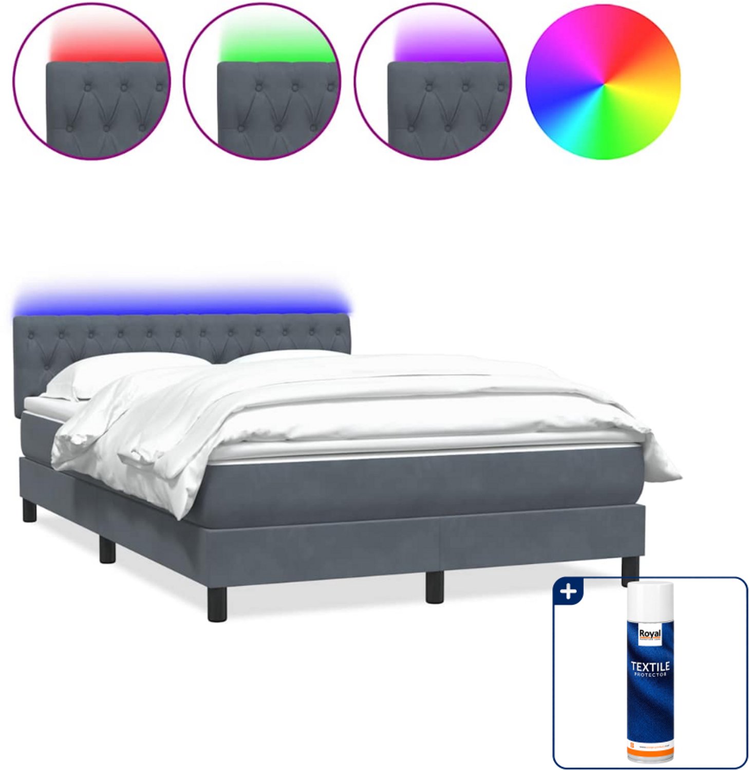 vidaXL Queensize boxspring met matras en LED - 160 x 210 cm - fluweel - donkergrijs - Inclusief textielbeschermer 500 ml Bruin