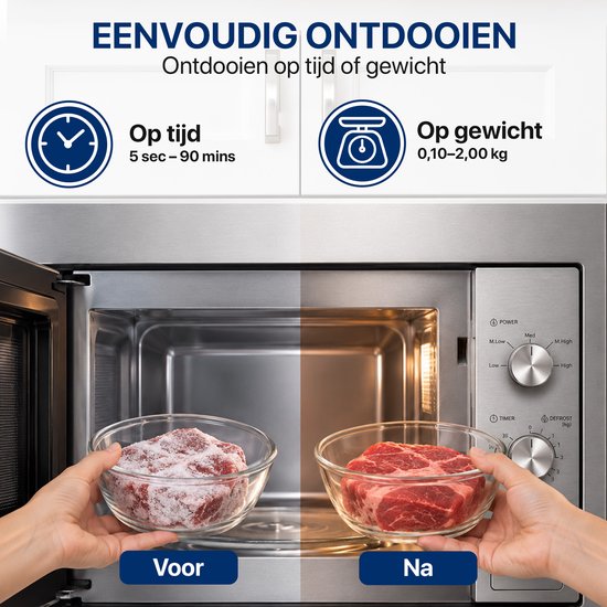 Ontdooifunctie voor tijd of gewicht, getoond met bevroren en ontdooid vlees in glazen schalen.