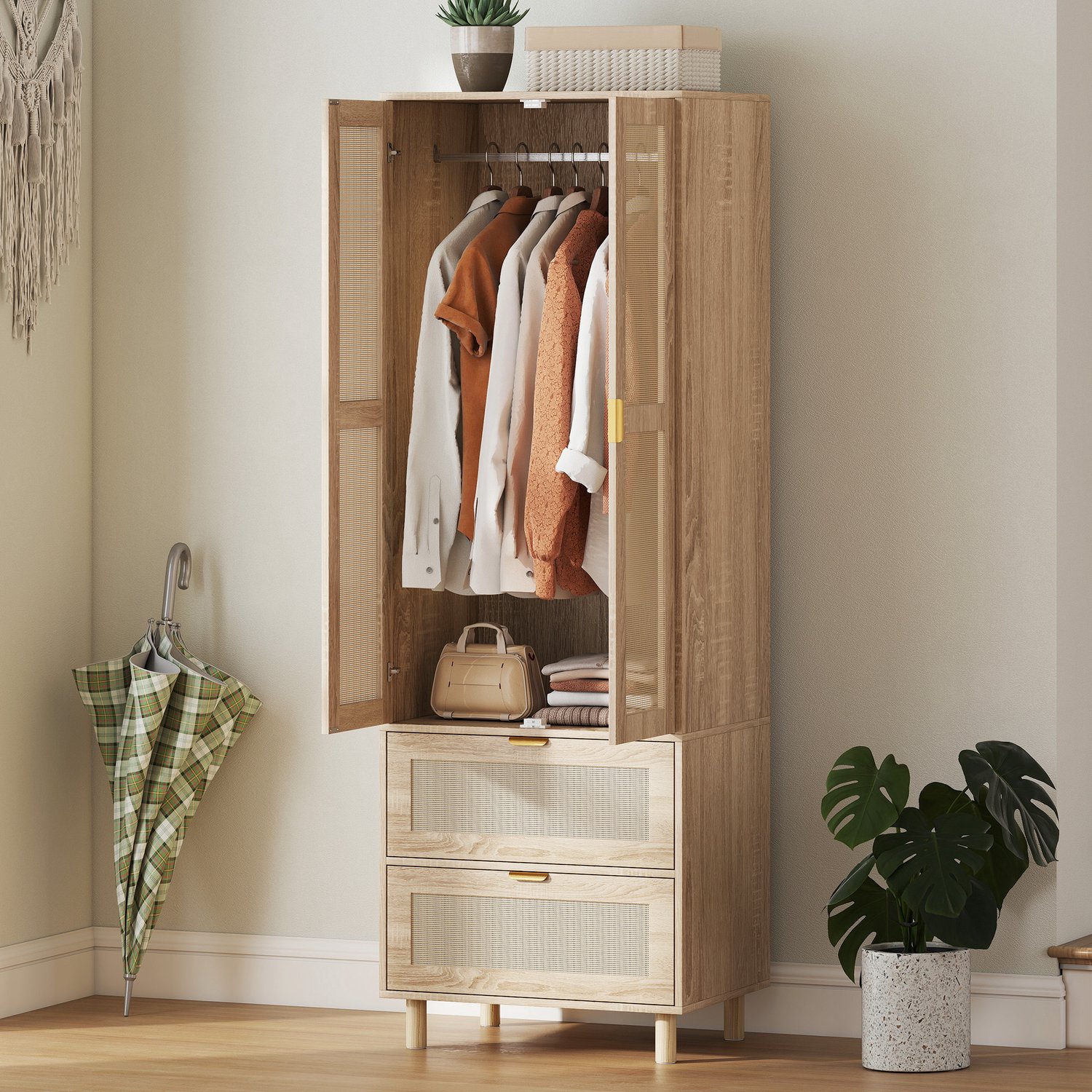 TEKROA ®Kledingkast met rotan look, 2 deuren, 2 lades 63 x 47 x 185 cm 185 cm Blanc