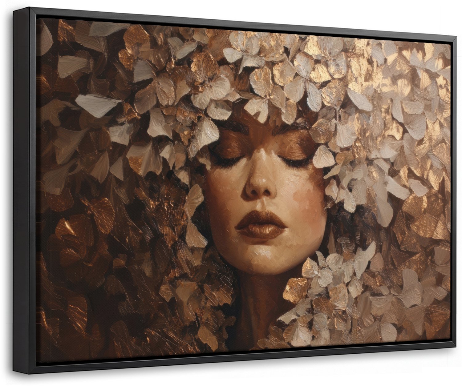 Canvas Schilderij met Baklijst 60x40cm - Gezicht - Vrouwe - Bladeren - Penseelstreken - Muurdecoratie woonkamer - Slaapkamer decoratie - Kamer accessoires - Schilderijen op canvas met lijst