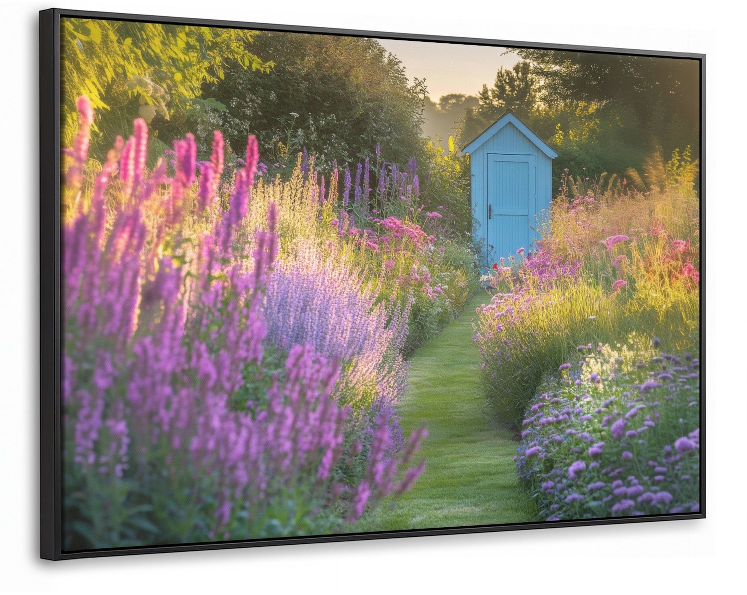 Canvas Schilderij met Baklijst XXL Canvas Schilderij met Baklijst 140x90cm - Tuinhuisje - Blauw - Bloemen - Muurdecoratie woonkamer - Slaapkamer decoratie - Kamer accessoires - Schilderijen op canvas met lijst groot