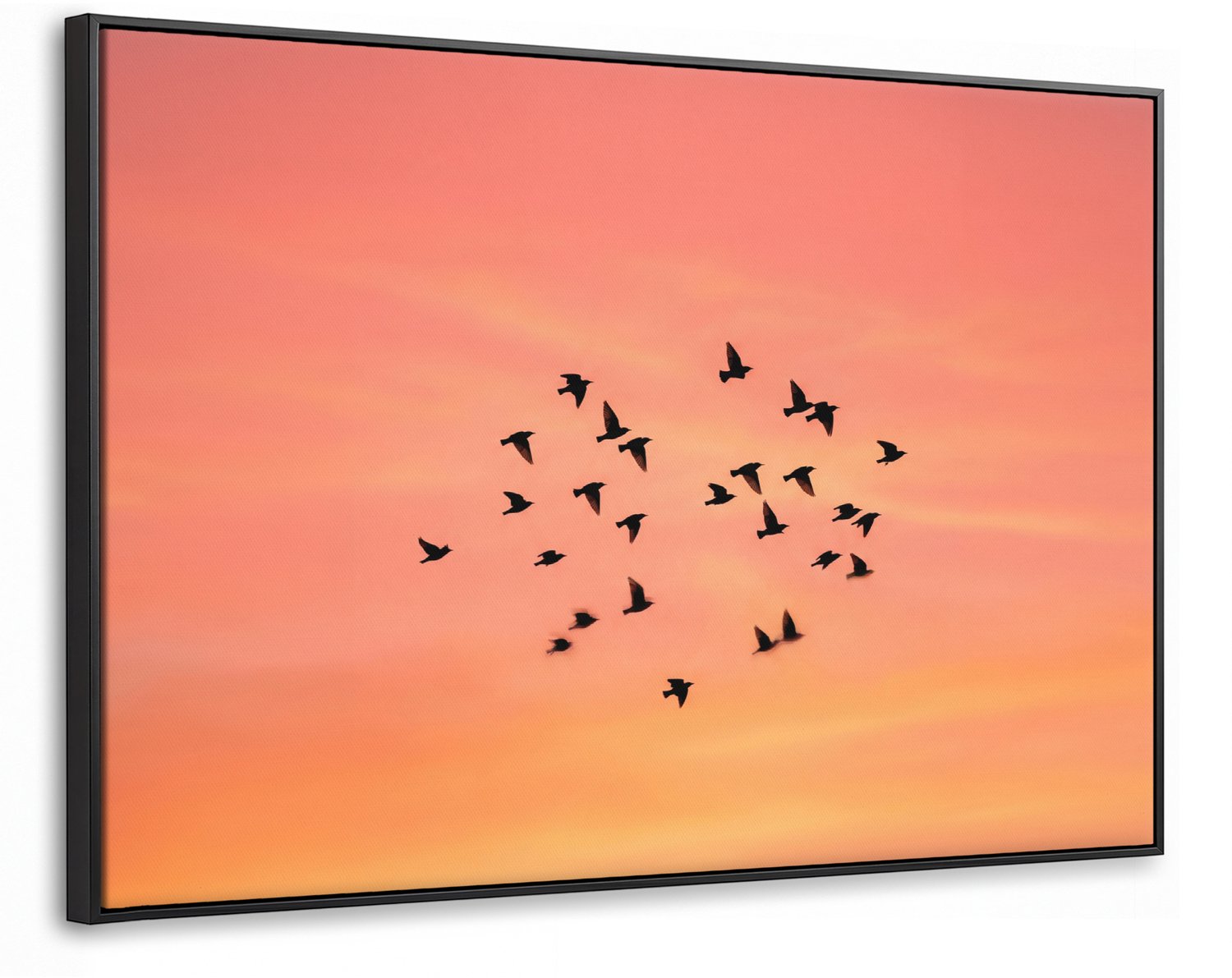 Canvas Schilderij met Baklijst XXL Canvas Schilderij met Baklijst 150x100cm - Zwerm - Vogels - Oranje - Muurdecoratie woonkamer - Slaapkamer decoratie - Kamer accessoires - Schilderijen op canvas met lijst groot