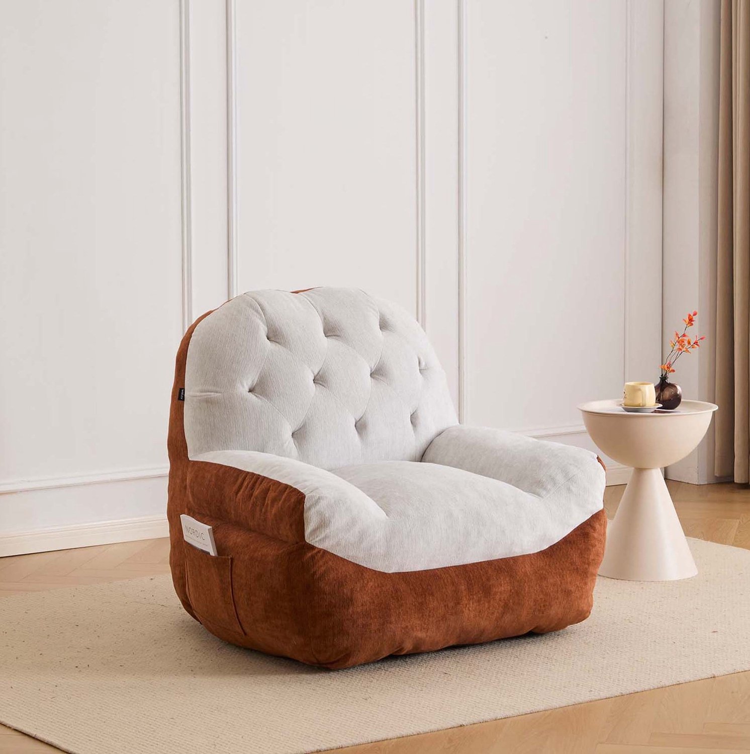 MIVRAY Fauteuil 110 x 113 x 88,5 cm - Zachte Zitting en Ronde Rugleuning - Voor Leeshoek en Slaapkamer - Chenille - Crème en Bruin
