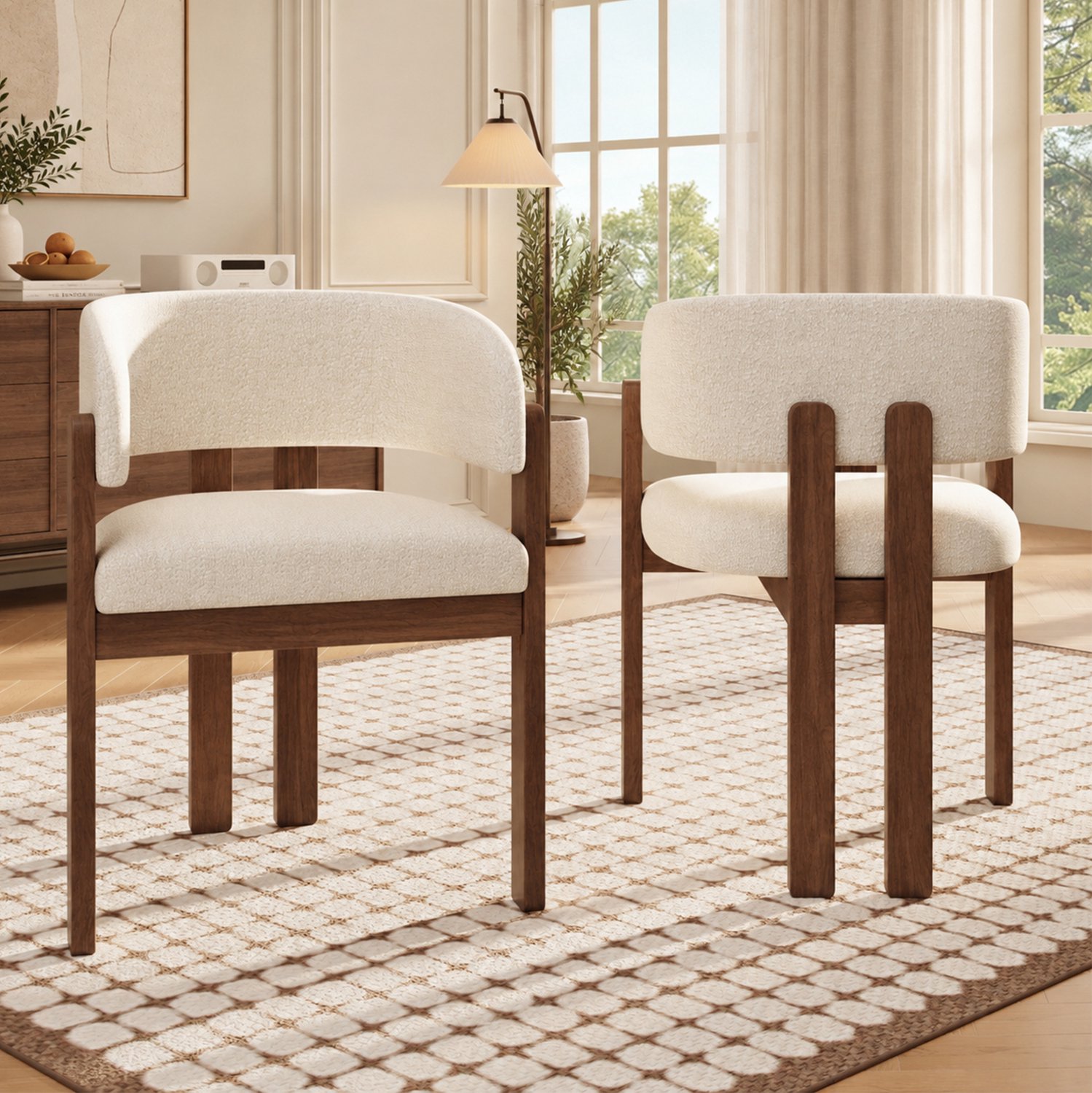 MODENUIT Eetkamerstoelen 60 x 80 cm - Set van 6 - Voor Eetkamer - Hout en Bouclé - Walnootkleur en Beige