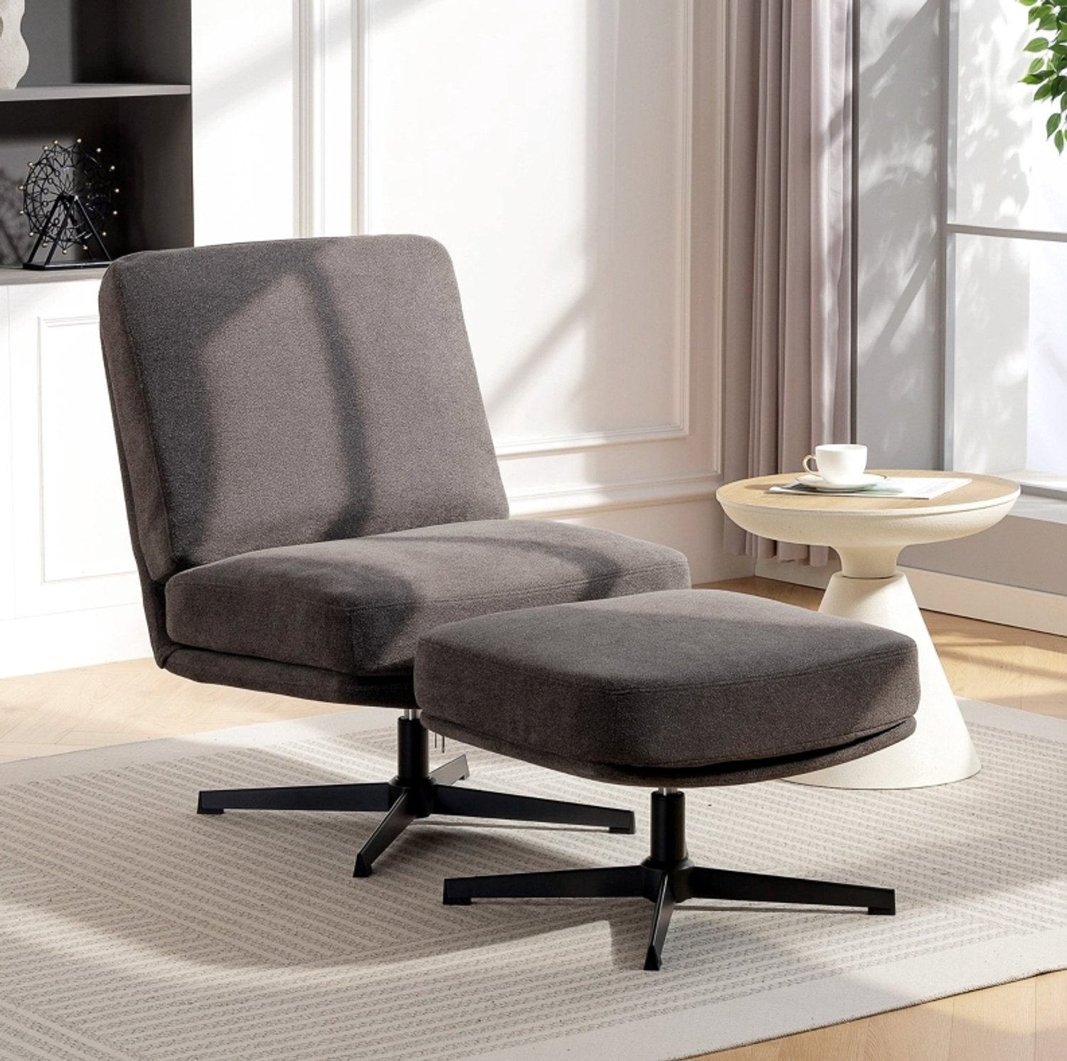 STILVORA Relaxfauteuil 91 x 68 x 93 cm - Met Draaibare Hocker - 360 Graden Draaibaar - Voor Woonkamer en Leeshoek - Linnenlook Stof - Donkergrijs